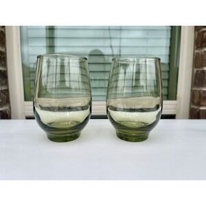 Vintage Avocado Green Libbey Tempo‎ Drinking Glasses Tumblers Set Of 2 MCM 4.5"